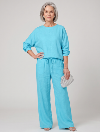 Round-Neck Shirt Top + Drawstring Pants Set - Lake Blue