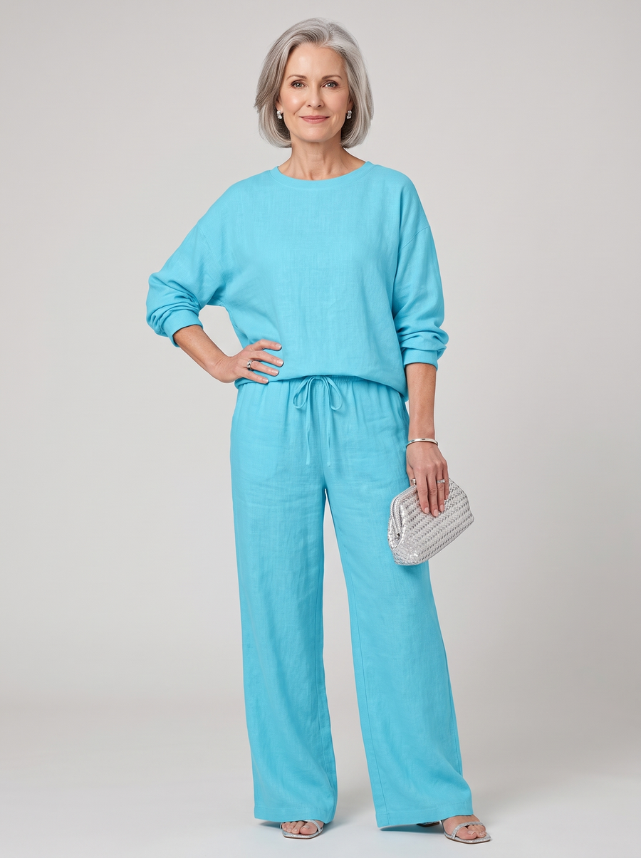Round-Neck Shirt Top + Drawstring Pants Set - Lake Blue