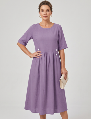A-Line Buttoned Pleated Midi Dress - Purple
