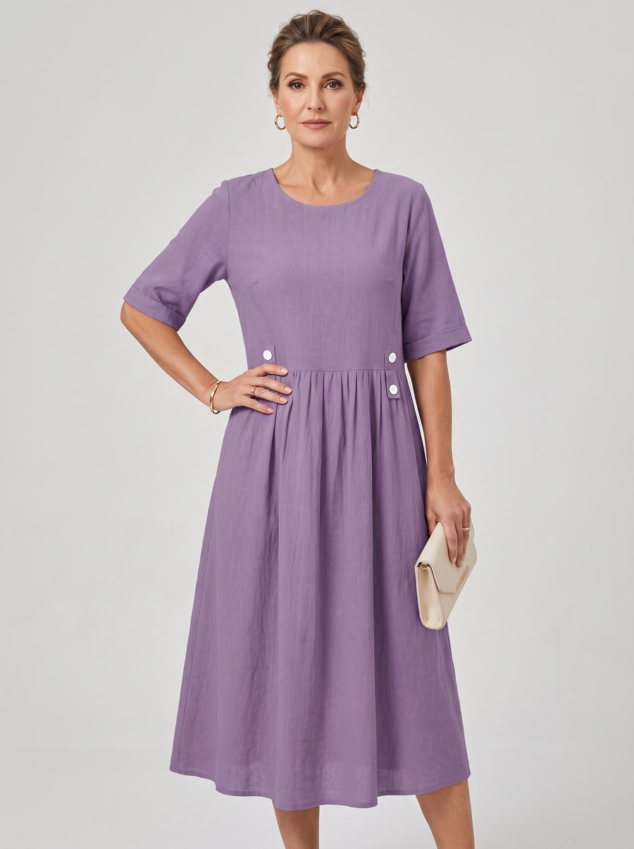 A-Line Buttoned Pleated Midi Dress - Purple