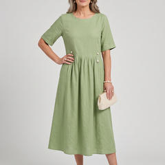 A-Line Buttoned Pleated Midi Dress - Light Green