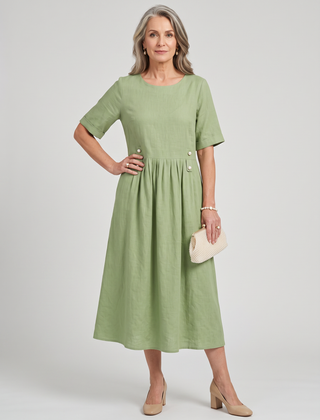 A-Line Buttoned Pleated Midi Dress - Light Green