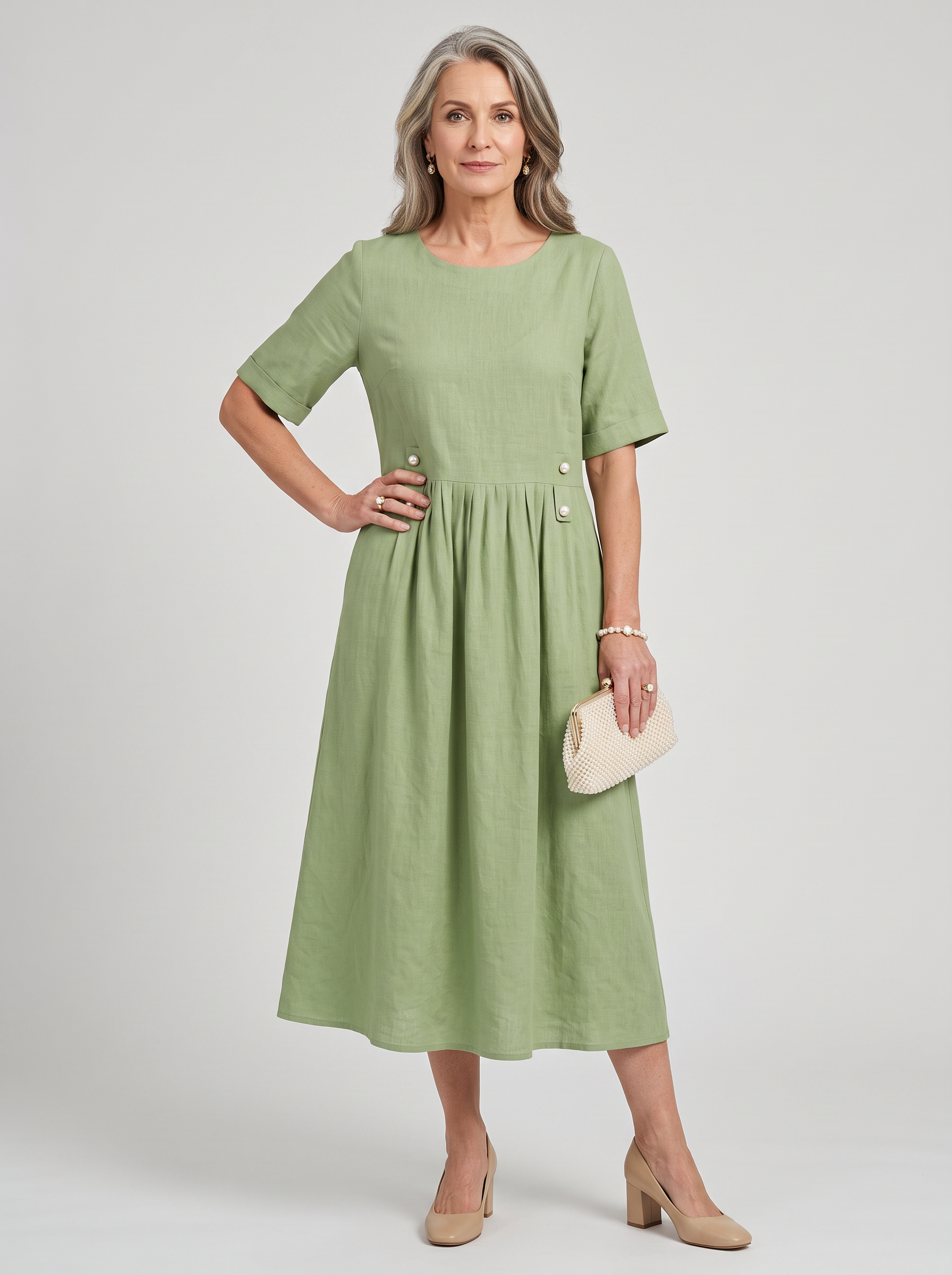 A-Line Buttoned Pleated Midi Dress - Light Green