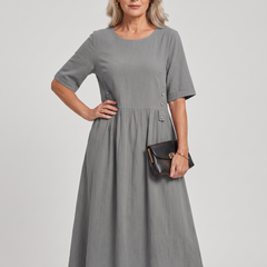 A-Line Buttoned Pleated Midi Dress - Gray