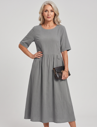 A-Line Buttoned Pleated Midi Dress - Gray