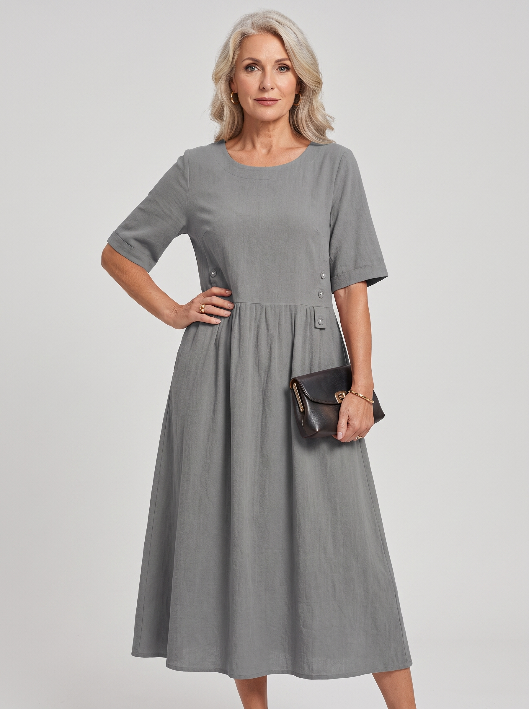A-Line Buttoned Pleated Midi Dress - Gray