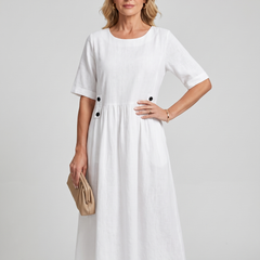 A-Line Buttoned Pleated Midi Dress - White