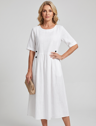 A-Line Buttoned Pleated Midi Dress - White