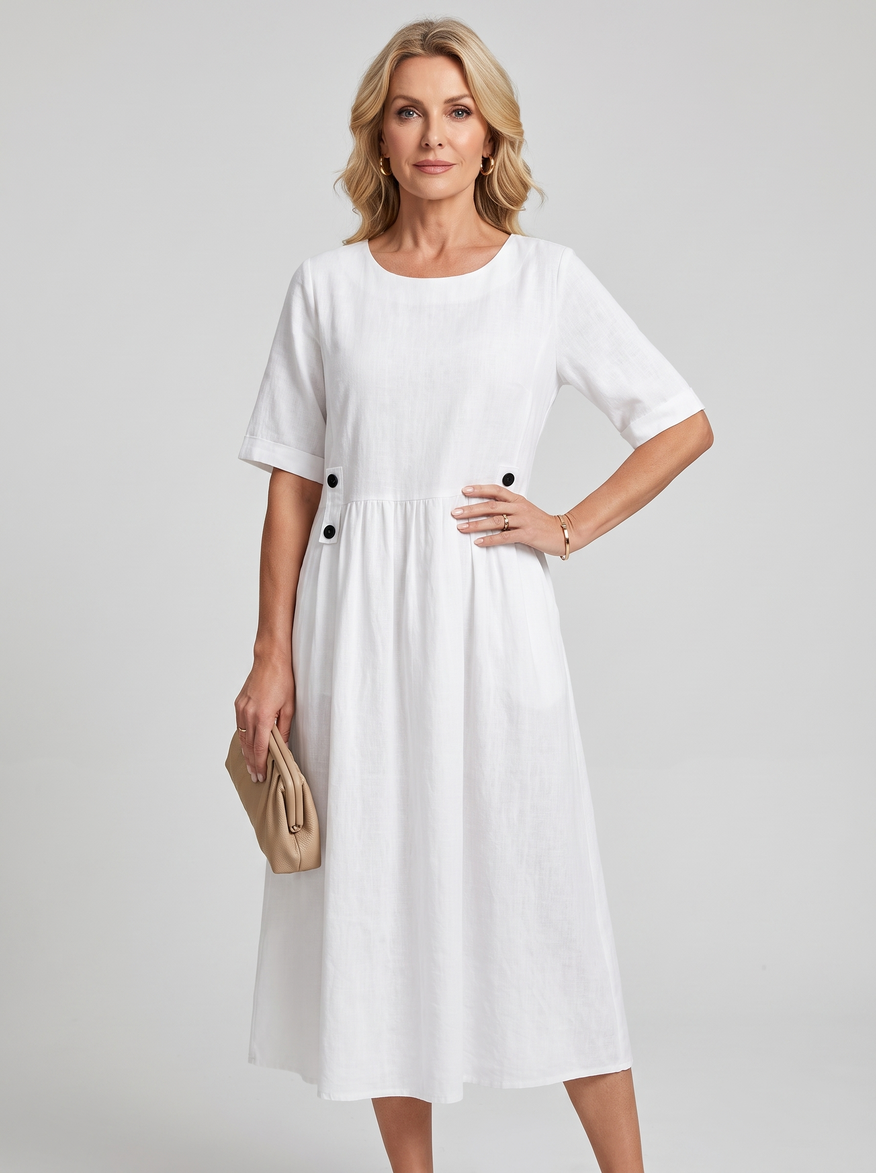 A-Line Buttoned Pleated Midi Dress - White