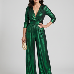 Deep V-Neck Jumpsuit - Green