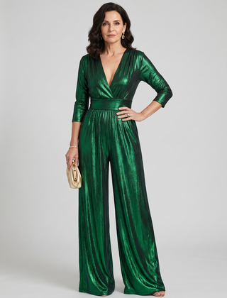 Deep V-Neck Jumpsuit - Green