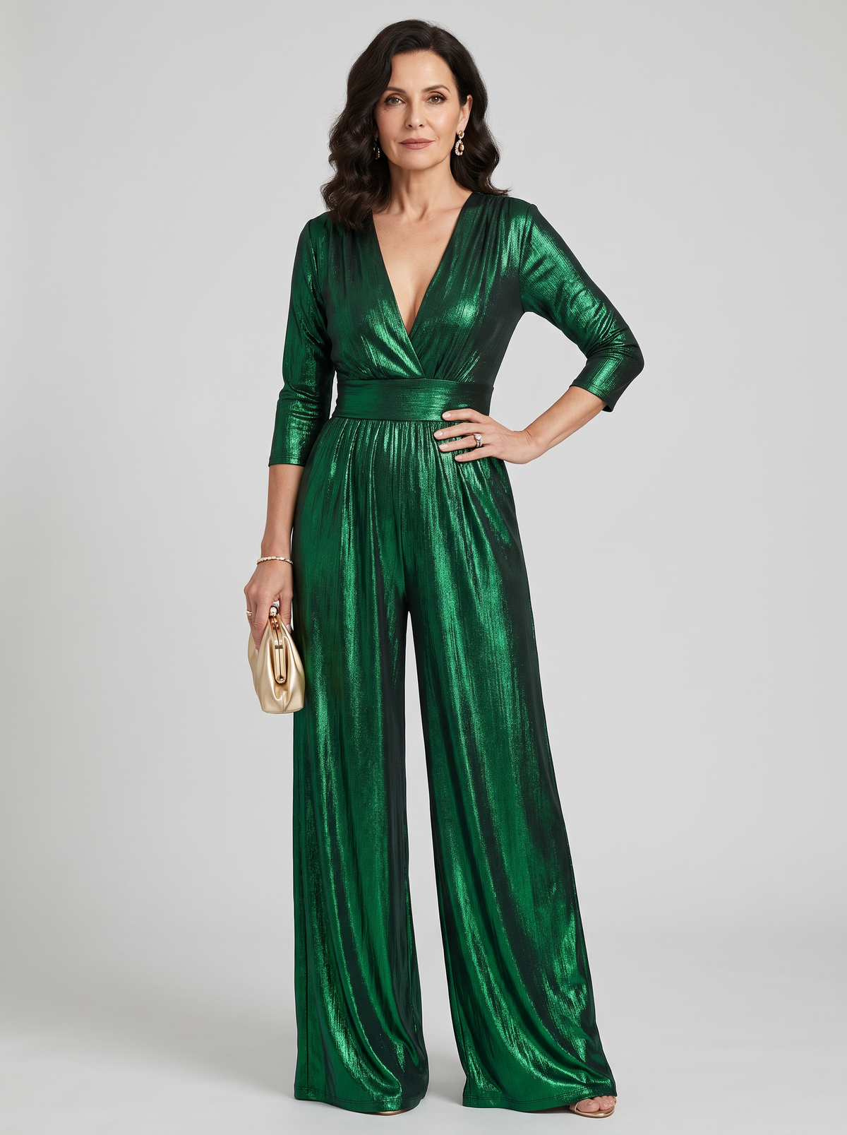 Deep V-Neck Jumpsuit - Green