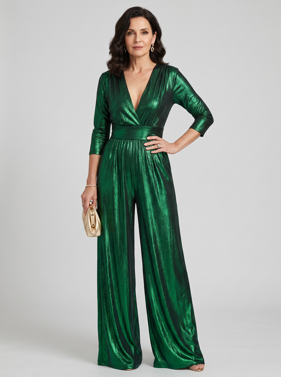 Deep V-Neck Jumpsuit - Green