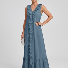 A-Line Ruffle Trim Maxi Dress - Blue