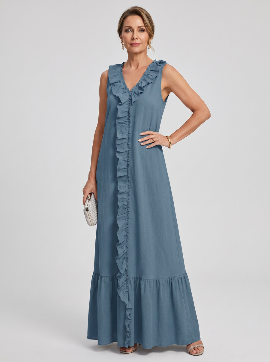 A-Line Ruffle Trim Maxi Dress - Blue