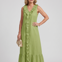 A-Line Ruffle Trim Maxi Dress - Green