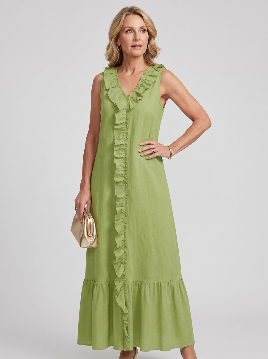 A-Line Ruffle Trim Maxi Dress - Green