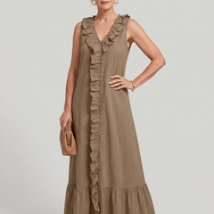 A-Line Ruffle Trim Maxi Dress - Brown