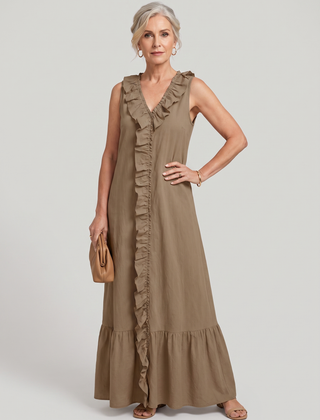 A-Line Ruffle Trim Maxi Dress - Brown