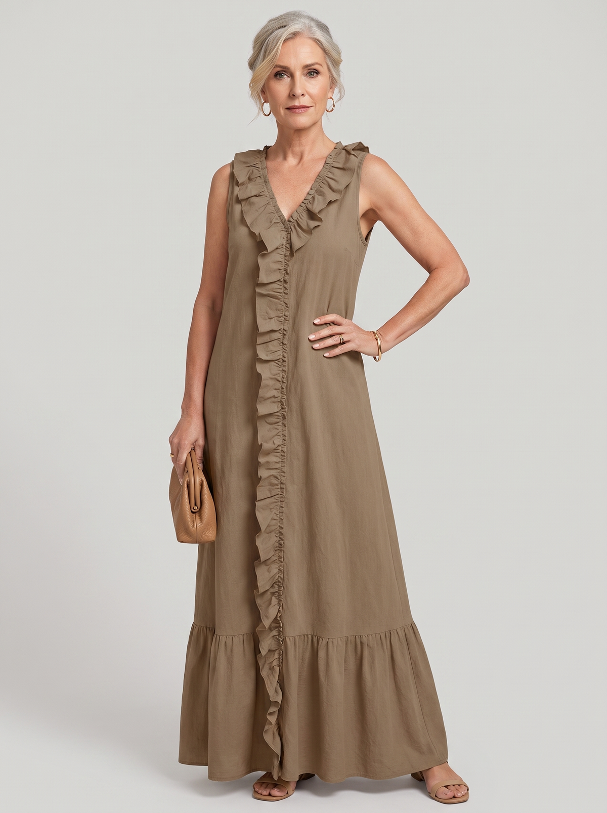 A-Line Ruffle Trim Maxi Dress - Brown