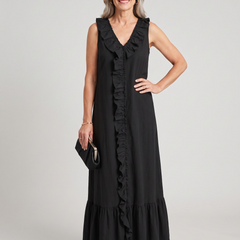 A-Line Ruffle Trim Maxi Dress - Black