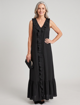 A-Line Ruffle Trim Maxi Dress - Black