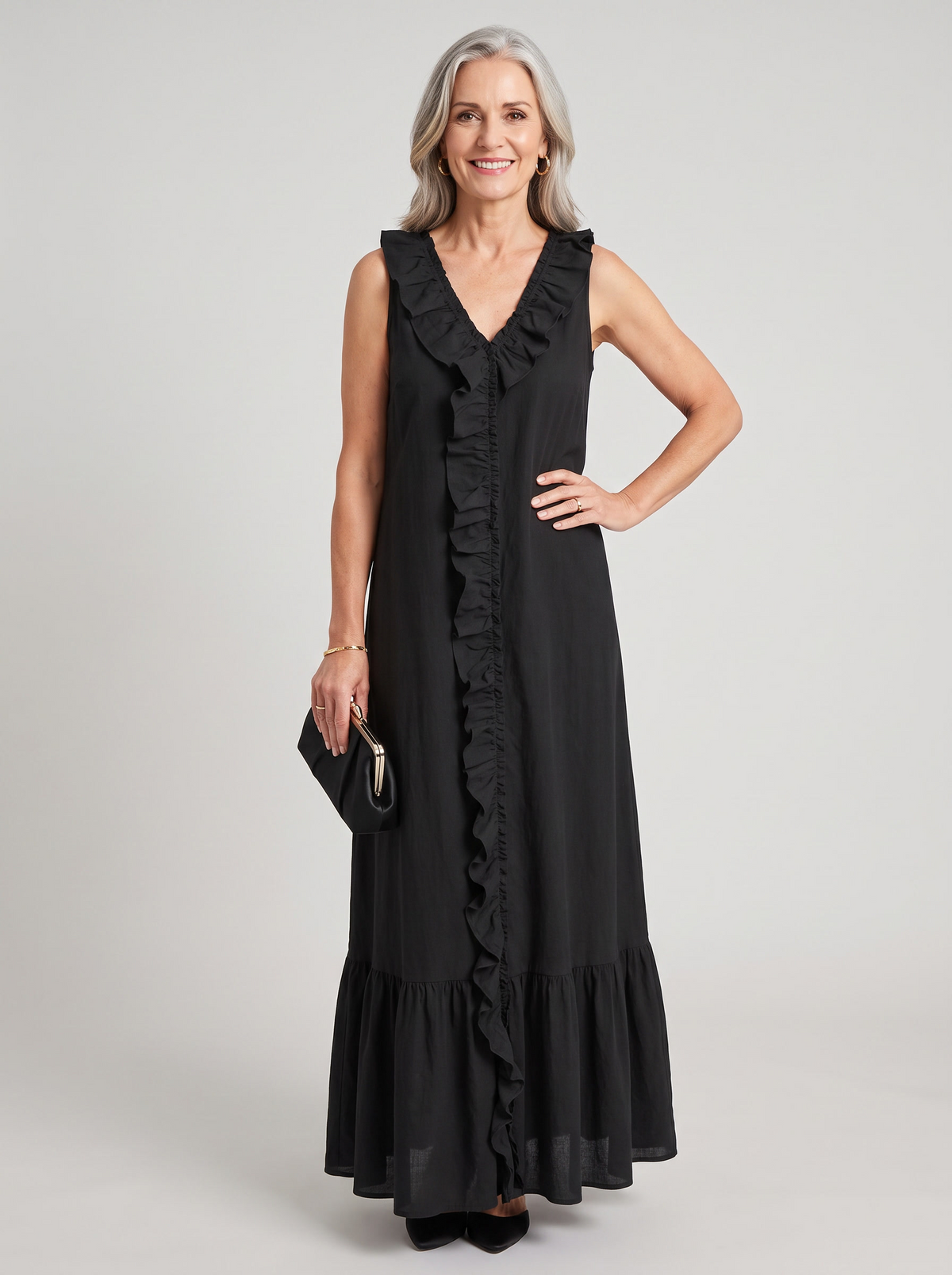 A-Line Ruffle Trim Maxi Dress - Black
