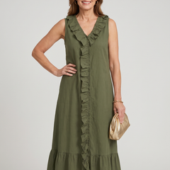 A-Line Ruffle Trim Maxi Dress - Army Green