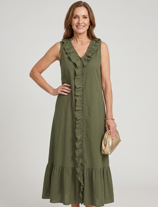 A-Line Ruffle Trim Maxi Dress - Army Green