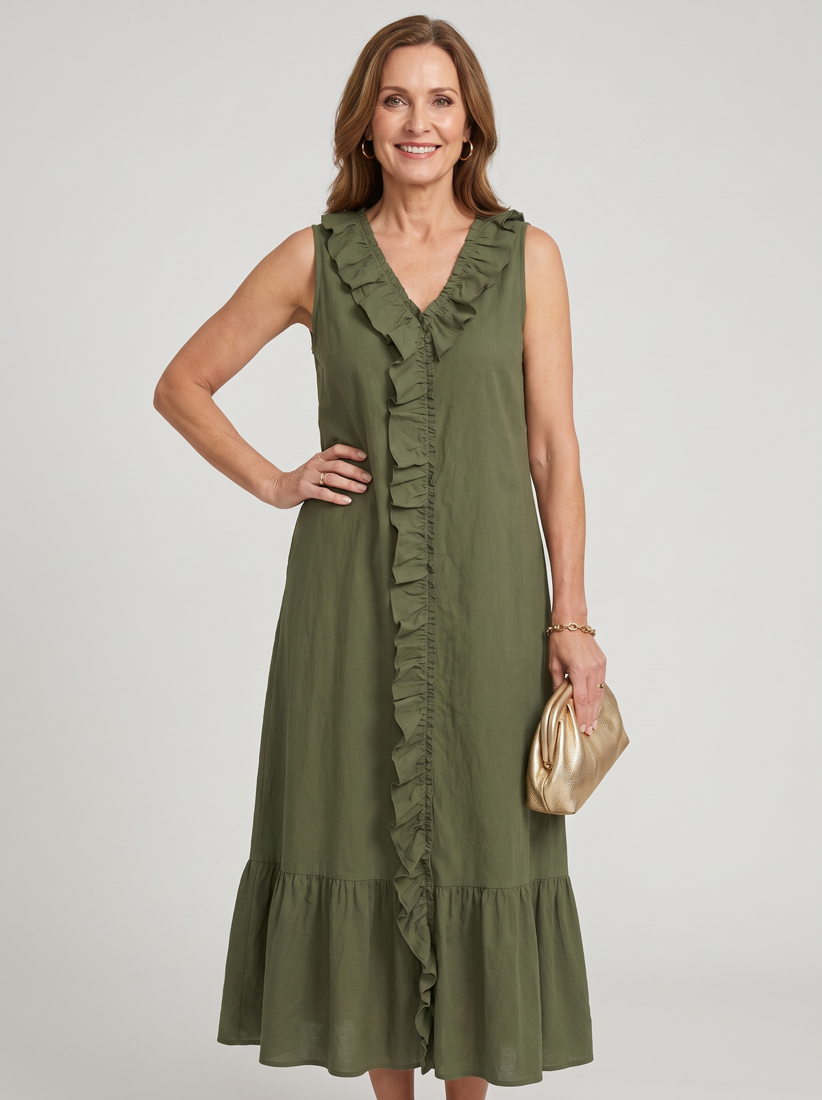 A-Line Ruffle Trim Maxi Dress - Army Green