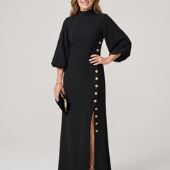 Puff Sleeve Mock Neck Maxi Dress - Black