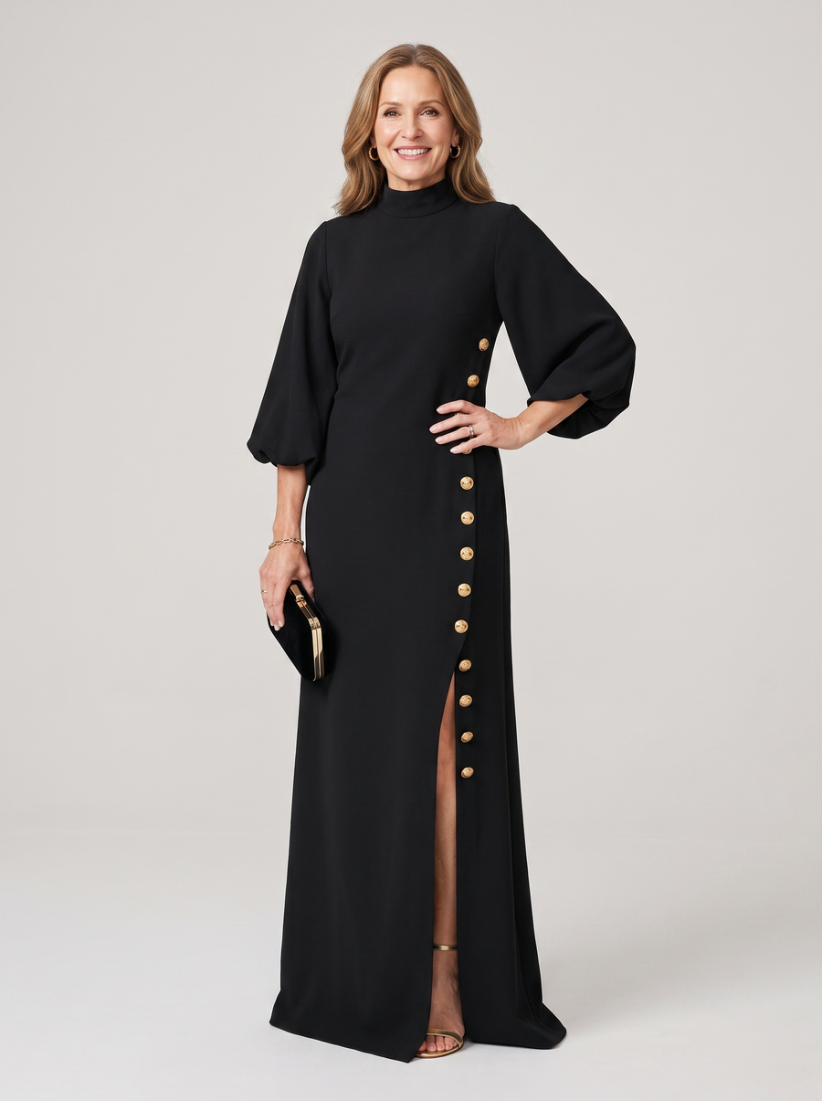 Puff Sleeve Mock Neck Maxi Dress - Black