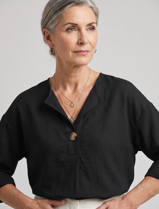 Zamma Relaxed V-Neck Top - Black