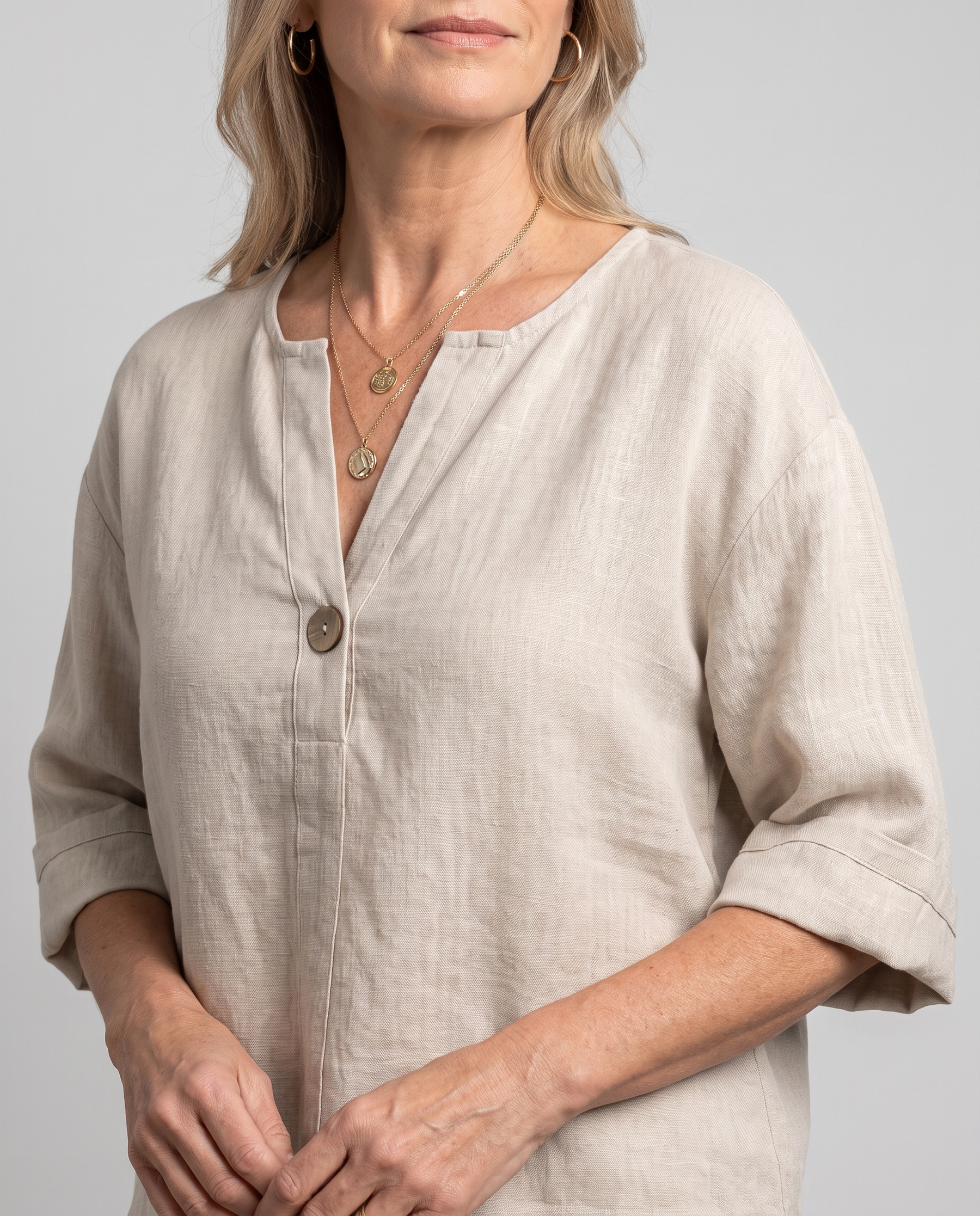 Zamma Relaxed V-Neck Top - Beige