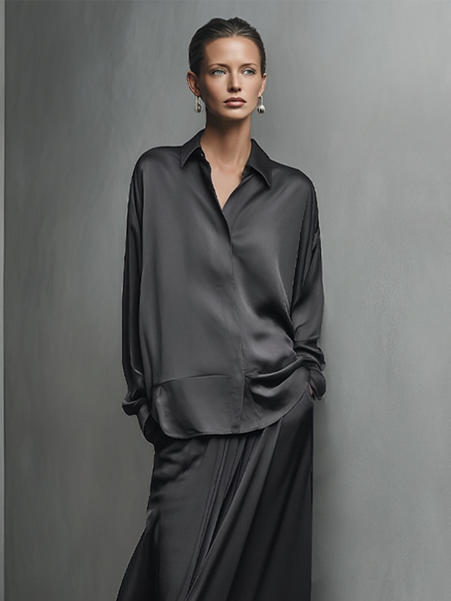 Women's Black Glossy Satin Matching Outfit With Turn Down Collar Shirt & Wide Swing Maxi Skirt, Versatile Evening Vacation Two-Piece Set MDZ1375G3LYL
