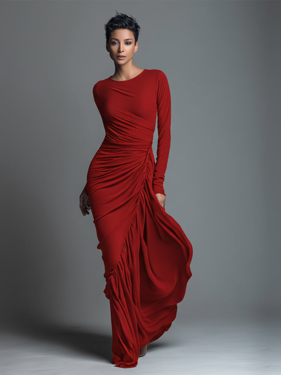 Women's Black Elegant Jersey Knit Ruched Maxi Dress MDA1541H1I