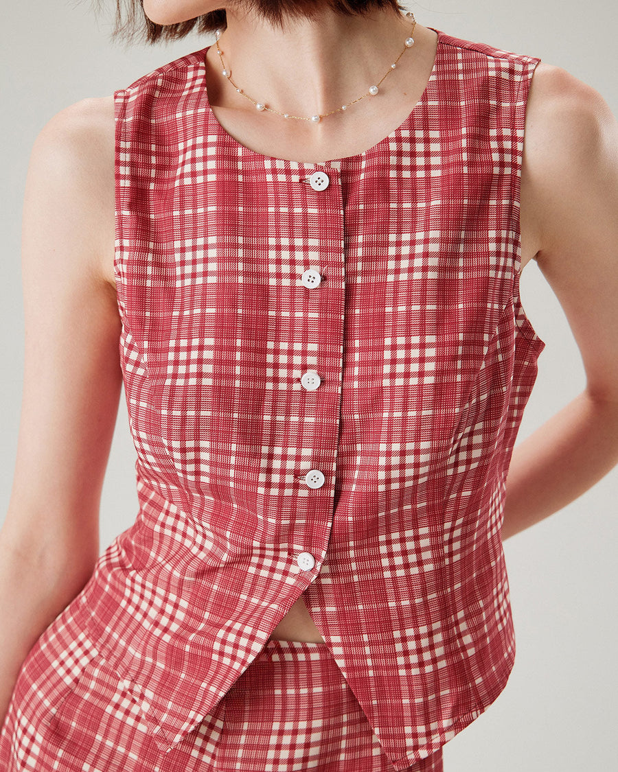 Red Plaid Single Breasted Vest