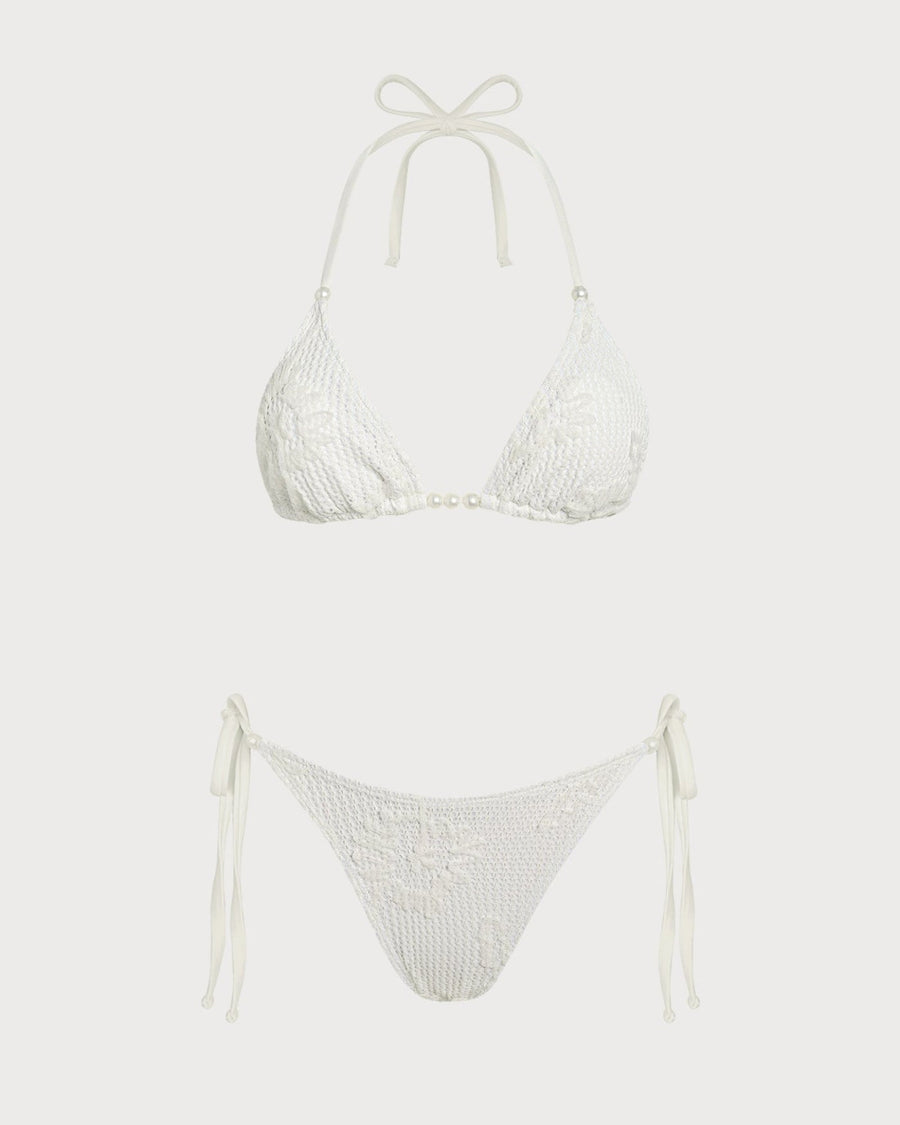 Off White Halter Drawstring Jacquard Bikini Set