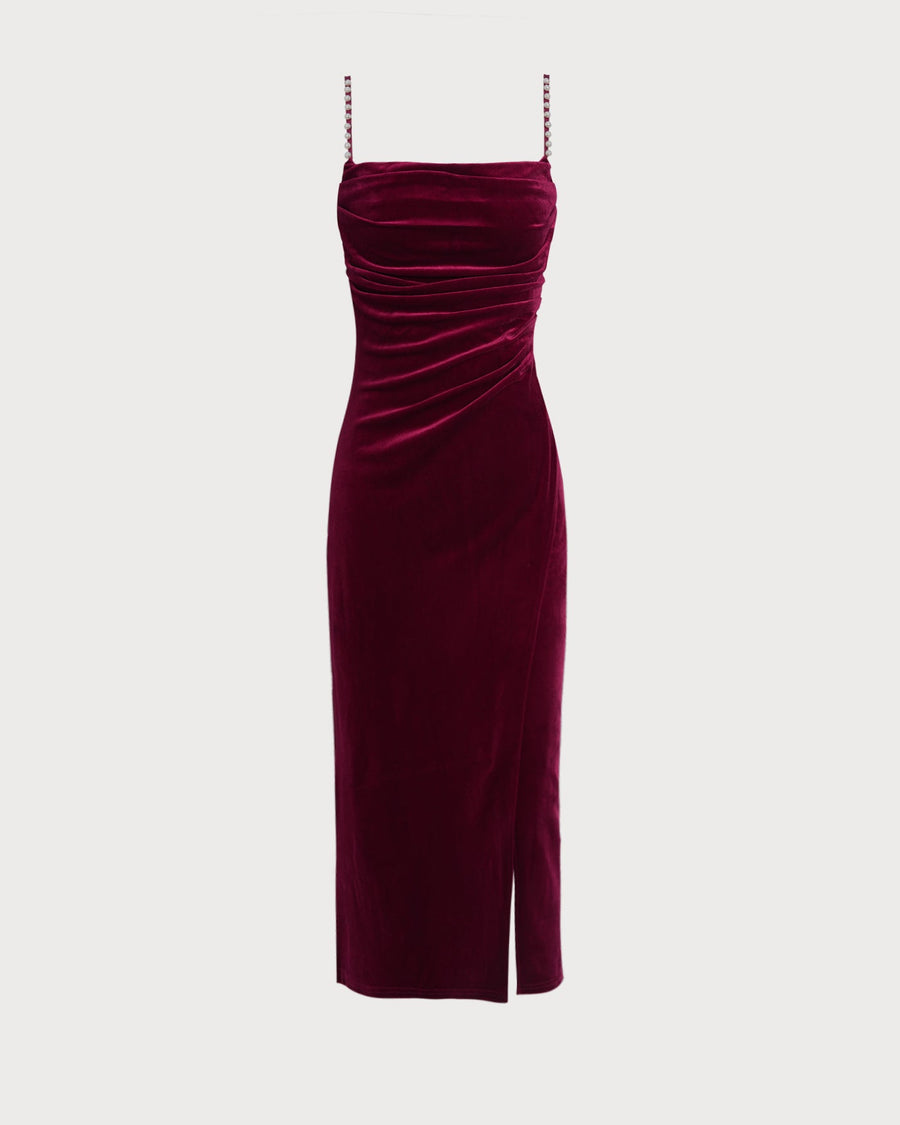 Wine Red Sleeveless Straps Velour Midi Dress