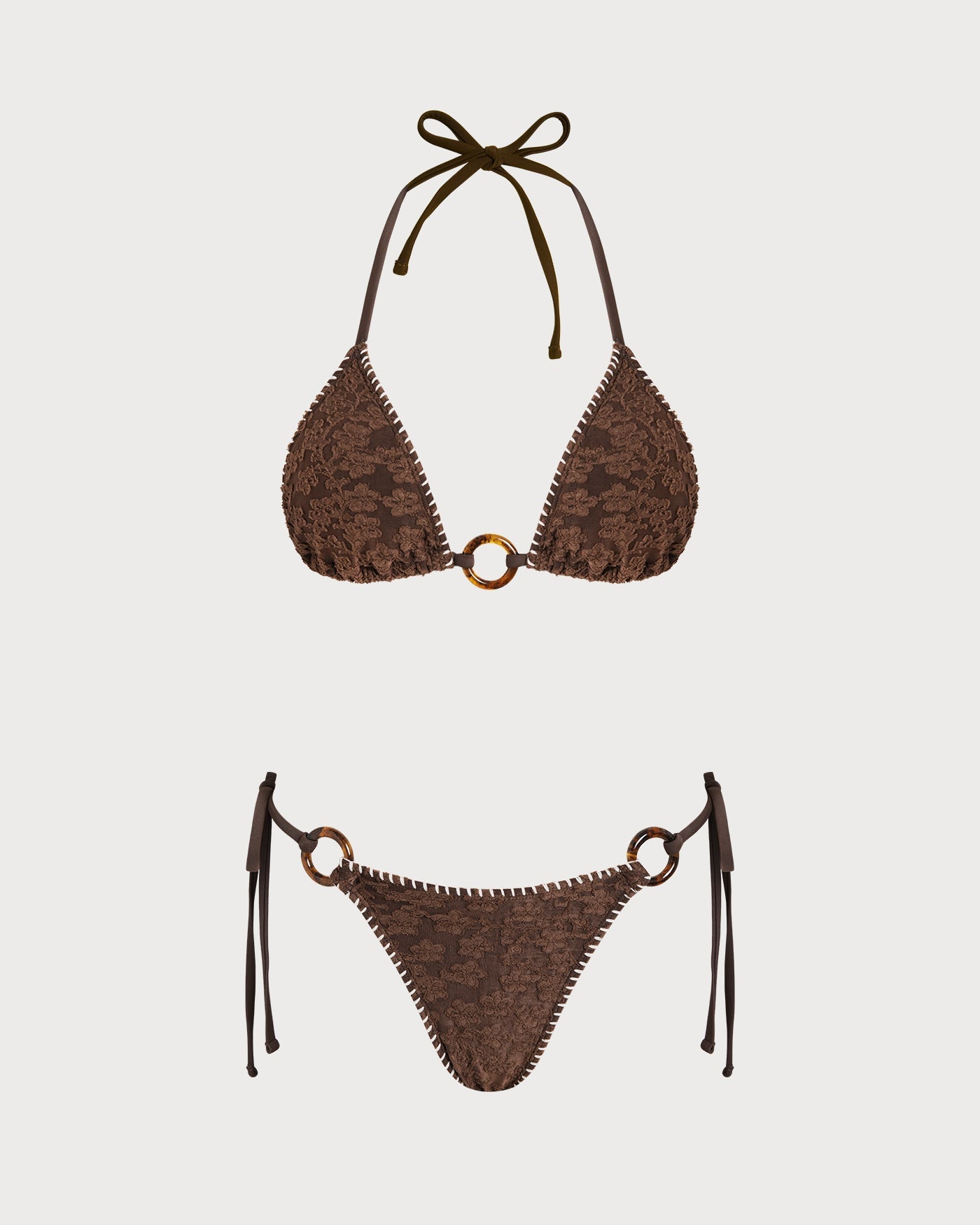 Brown Halter Textured Triangle Bikini Set