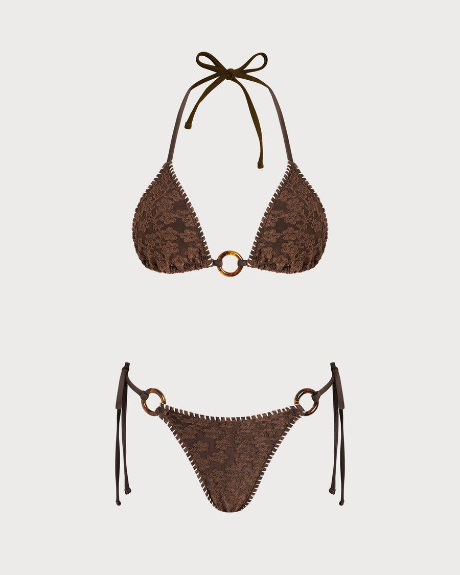 Brown Halter Textured Triangle Bikini Set