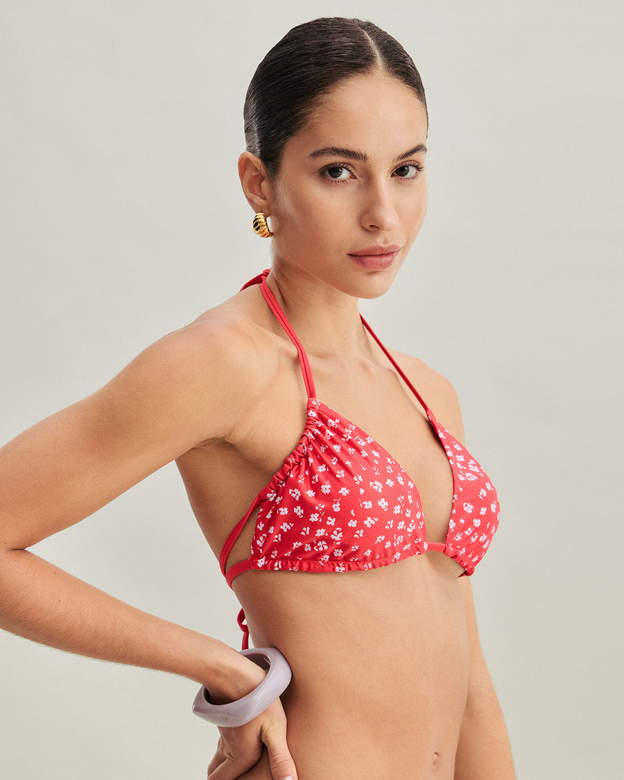 Red Floral Drawstring Triangle Bikini Set