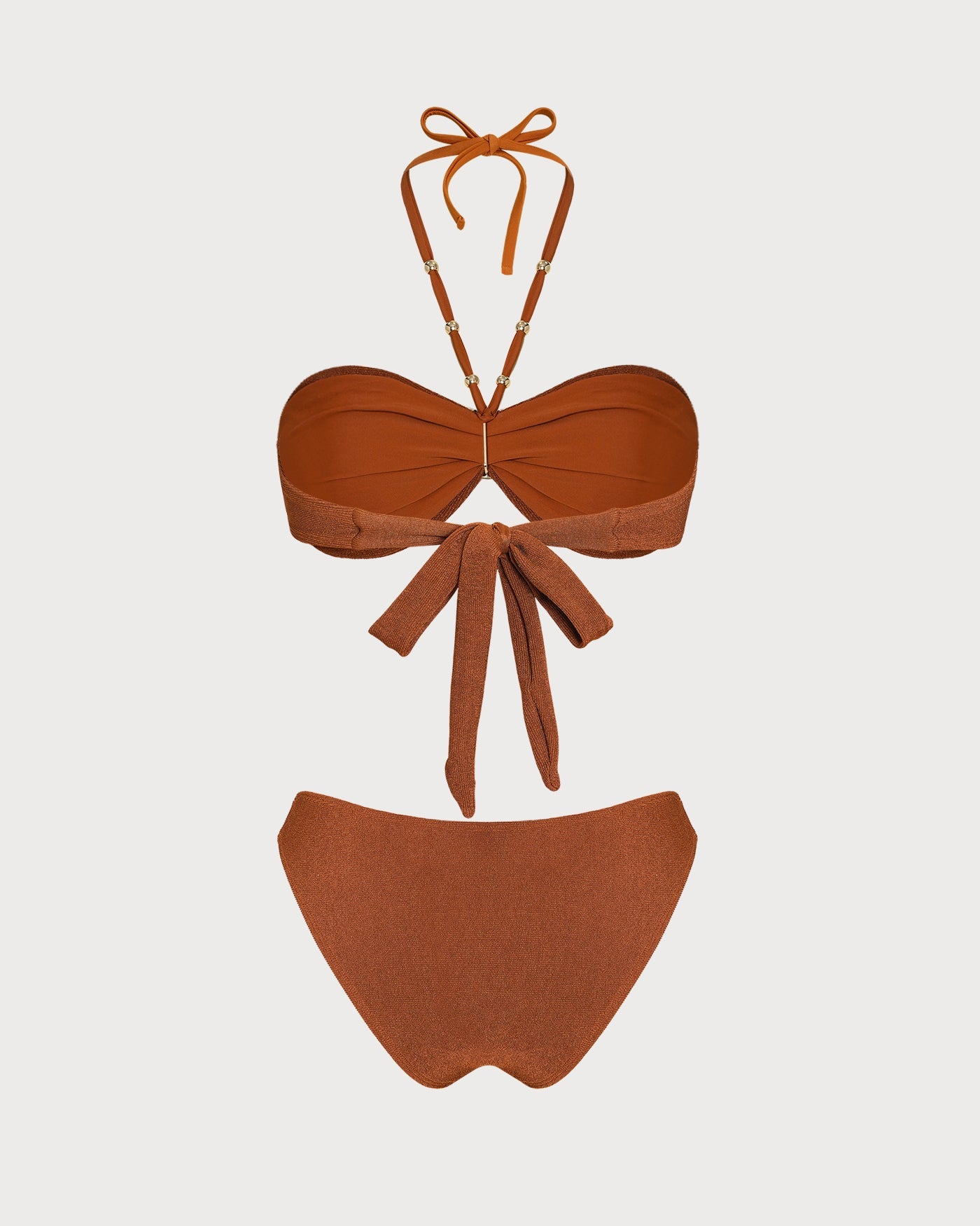 Brown Halter Textured Bandeau Bikini Set