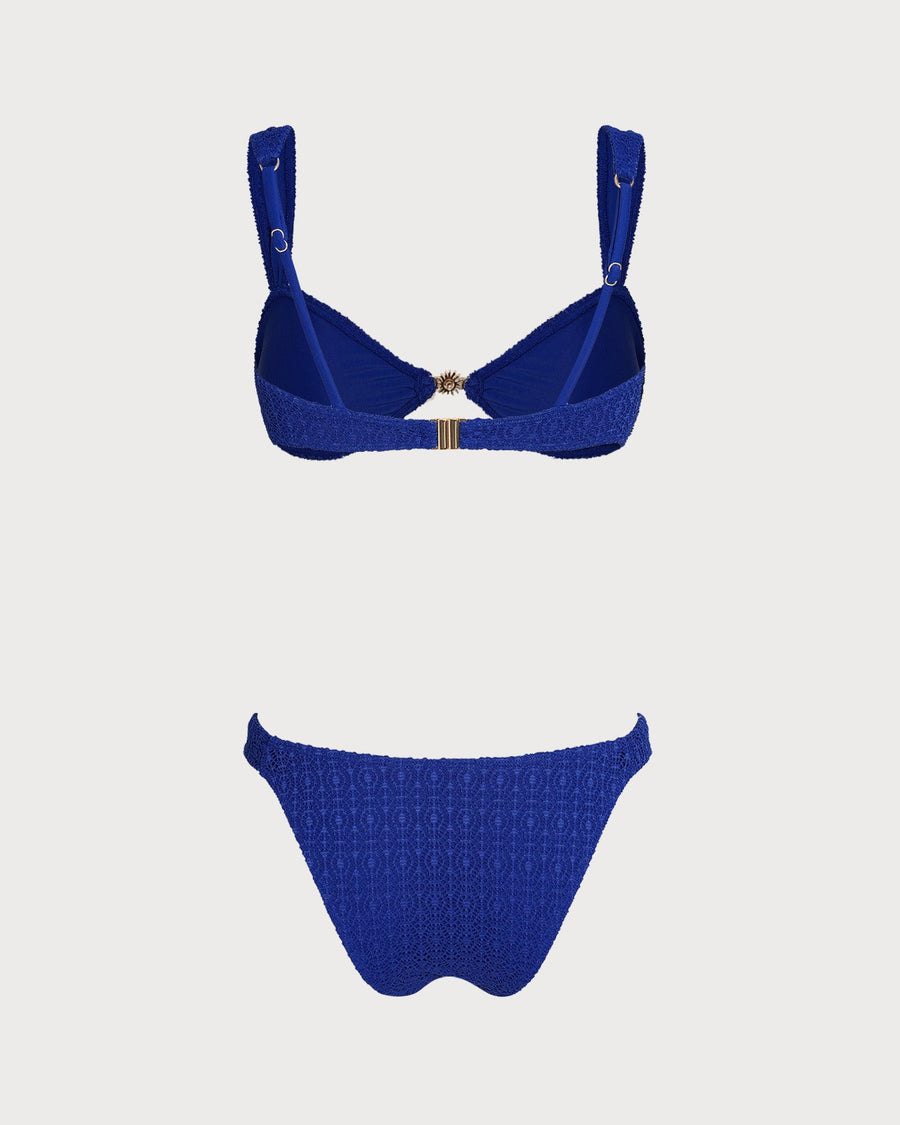 Blue V Neck Textured Bralette Bikini Set