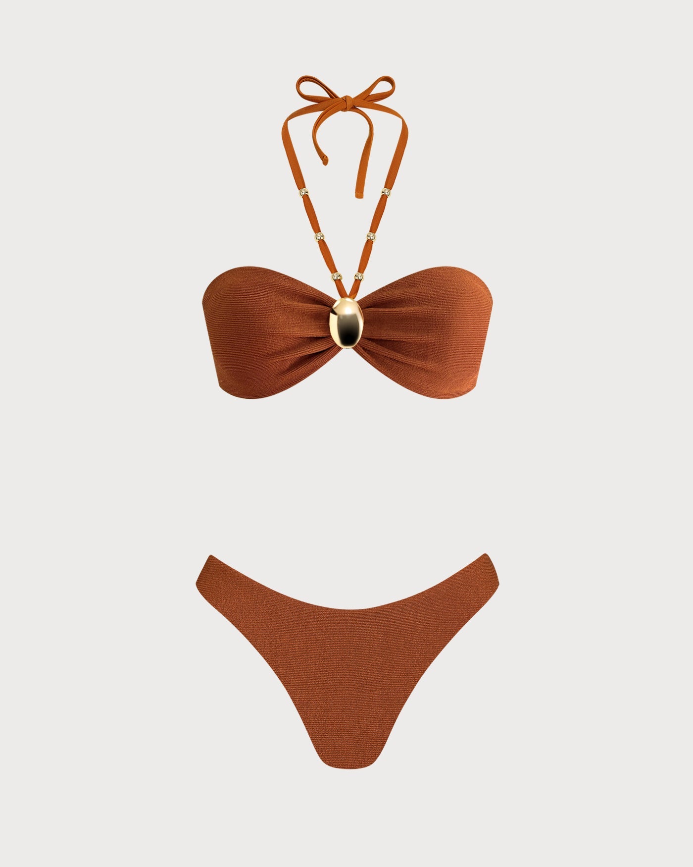 Brown Halter Textured Bandeau Bikini Set