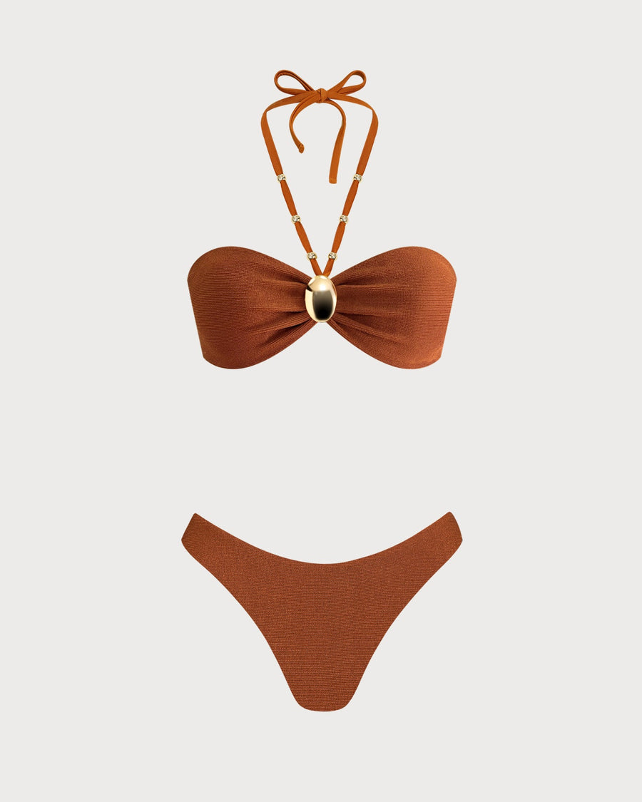 Brown Halter Textured Bandeau Bikini Set