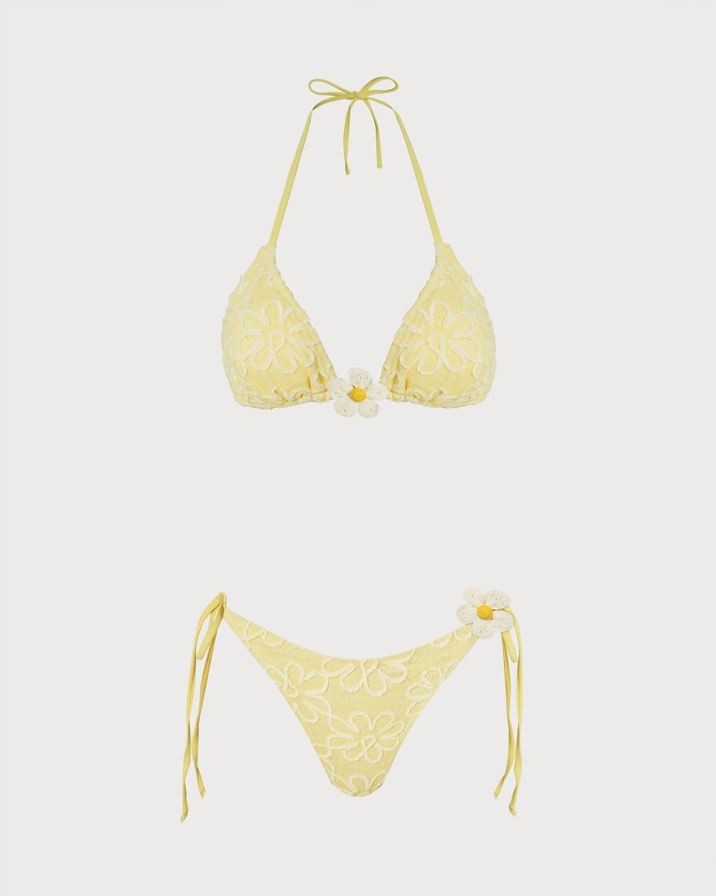 Yellow Halter Floral Textured Bikini Set