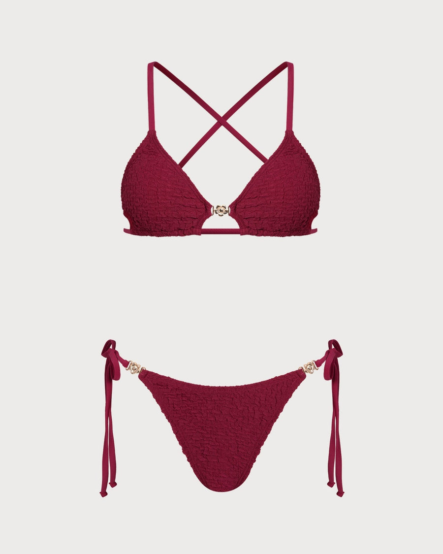 Wine Red Textured Drawstring Bikini Set