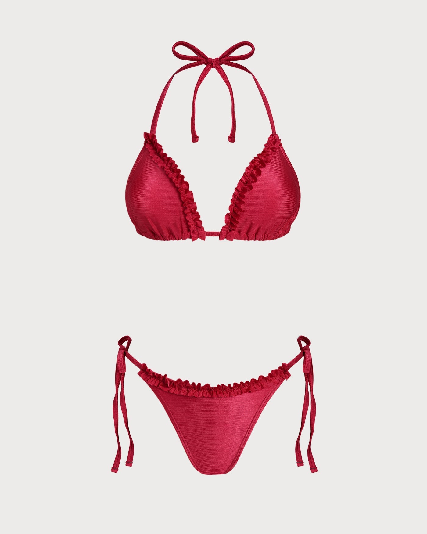 Red Halter Ruffled Triangle Bikini Set