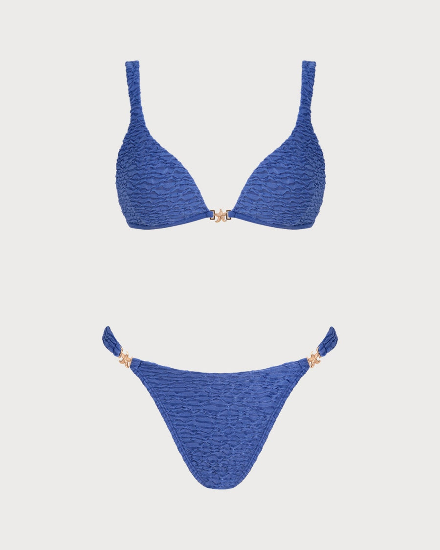 Blue V Neck Textured Triangle Bikini Set